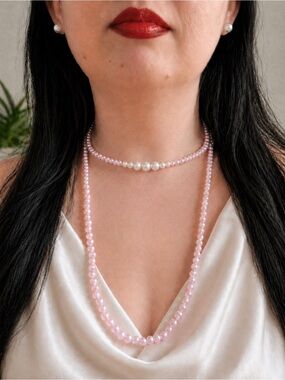 Pink Pearl Layered Necklace Set | Elegant Satin Glam 23”
